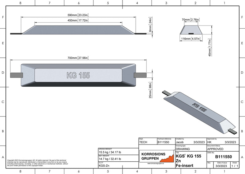 Sinkanode TYP 155 - 590*116*45, B111550