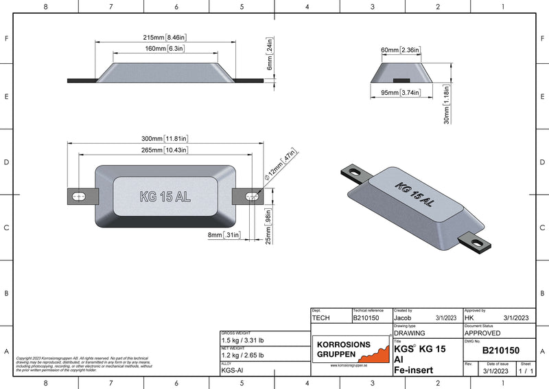 Aluminium Anode Type 15 - 215 * 95 * 30