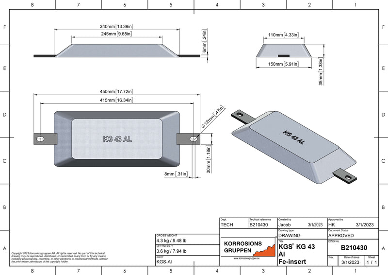 Aluminium anode Type 43 - 330*150*35