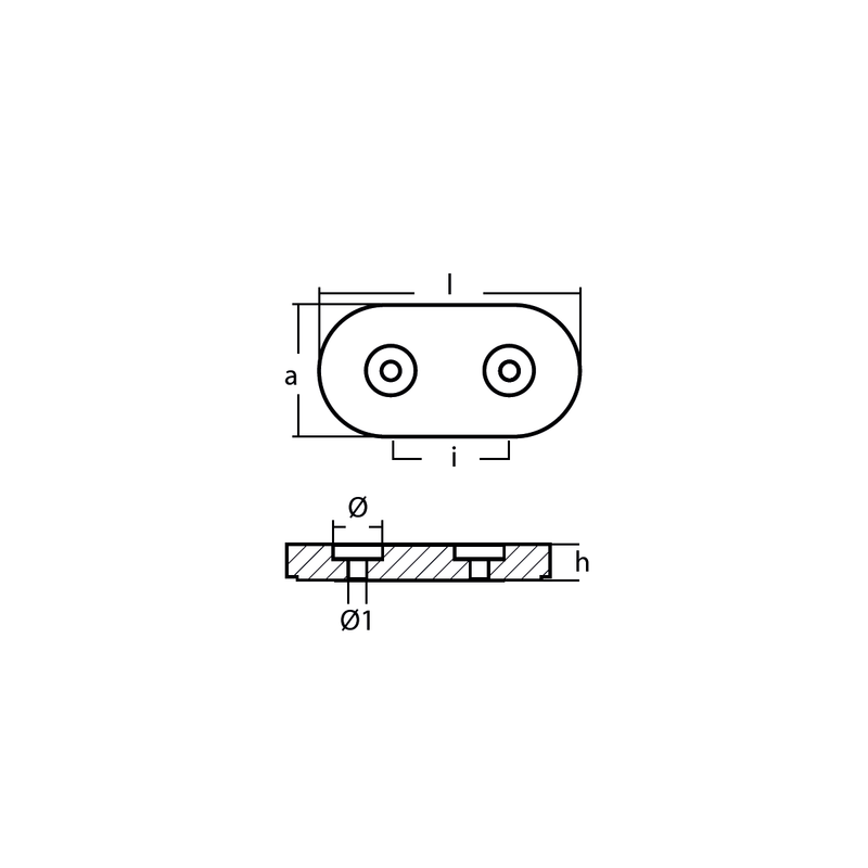 Ritning på Zinkanod Kamewa Block, 173*87*23mm, c-c80mm 10108230, R802454 - Anodefactory